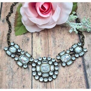 J.Crew Bronze Tone & Clear Crystal Statement Necklace 21" Collar Art Deco Look
